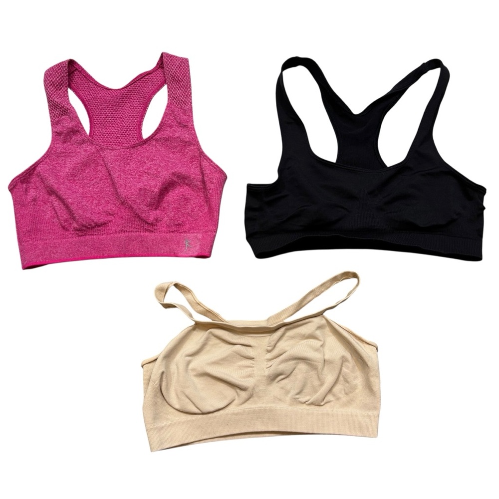 Lot of Three Ladies Sports Bras Mixed Brands Tan, Black and Pink All Size Small